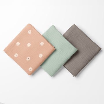 Salmon Poppy Crinkle Square Müslin - Yeni Doğan 3'lü Set
