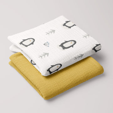 Arctic Penguins Müslin Örtü + Sarı 4 Kat Battaniye - 2'li Set